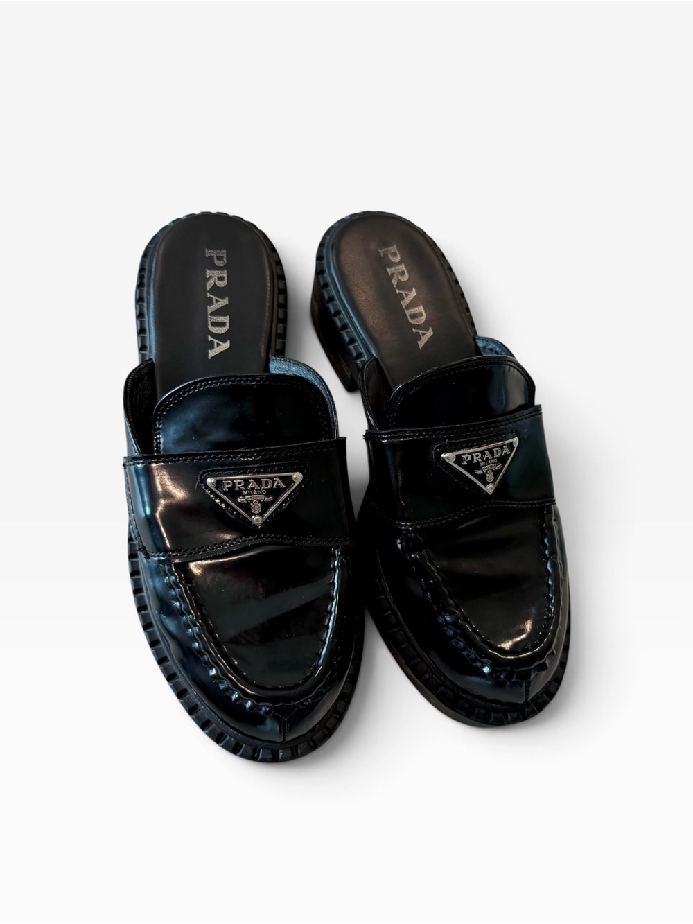 Prada Black Patent Leather Slip-On classic prada logo slides mules - Picture 2 of 12